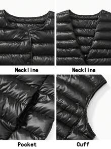 SHEIN EZwear 大码女式秋冬休闲百搭连帽无袖羽绒羽绒大衣背心带口袋黑色可压缩保暖 - 黑色 - 查看 4