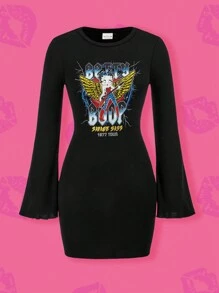 Betty Boop x SHEIN Abito corto con maniche a campana, orlo a lattuga con stampa di personaggi dei cartoni animati punk e di lettere per le donne
