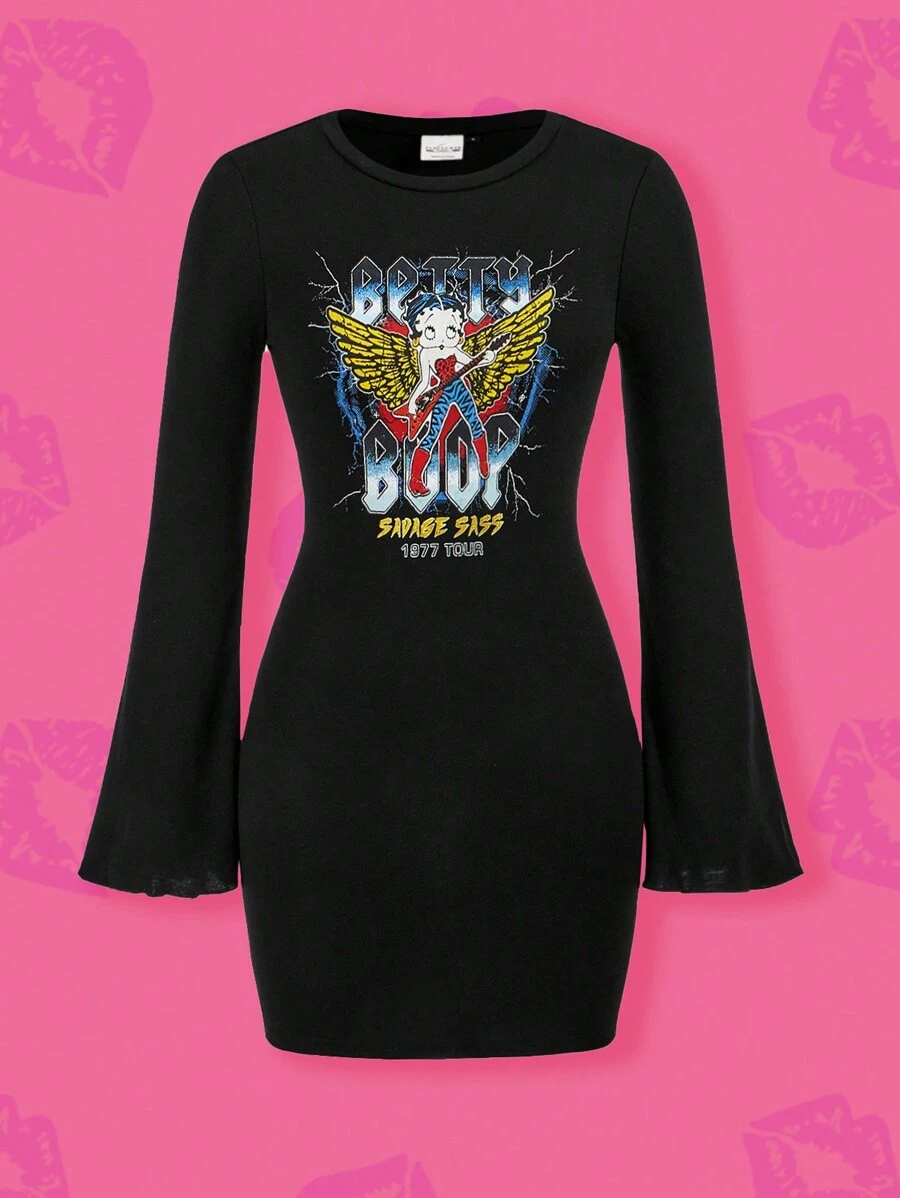 Betty Boop x SHEIN Abito corto con maniche a campana, orlo a lattuga con stampa di personaggi dei cartoni animati punk e di lettere per le donne