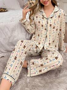 CottageSlumber Conjunto de ropa de dormir con camisa con cuello vuelto y pantalones con estampado de oso y floral, con ribete de color block para mujer