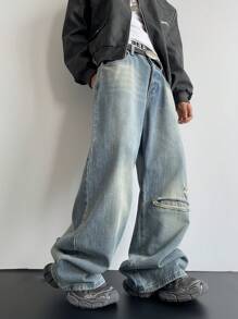 Manfinity EMRG Men's Light Blue Denim Casual Wide Leg Baggy Jeans