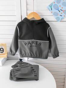 SHEIN 2 件套男宝宝字母印花撞色连帽开衫和运动裤套装冬季套装