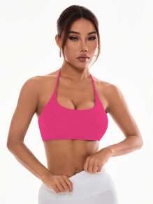 Easithlete Women's Stylish Solid Color Cross Strap Backless Sports Bra With Halter - Hot Pink - View 7