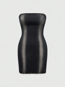 ROMWE Grunge Punk Vestido de mezclilla de estilo callejero sin mangas ajustado para mujer - Negro - Ver 1