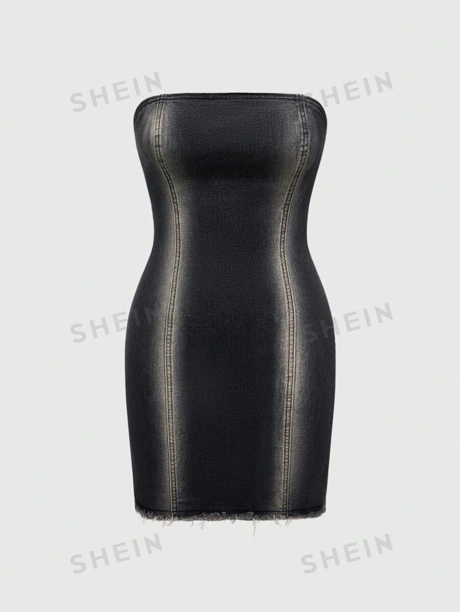 ROMWE Grunge Punk Vestido de mezclilla de estilo callejero sin mangas ajustado para mujer - Negro - Ver 1