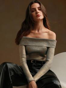 Anewsta Suéter elegante y sexy de mujer con hombros descubiertos y lámina metálica dorada, jersey de punto para otoño e invierno - Amarillo - Ver 3