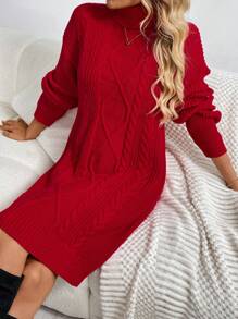 SHEIN LUNE Vestido de Navidad de manga larga con cuello alto, de parches unicolor casual, rojo chino para otoño/invierno - Rojo - Ver 1