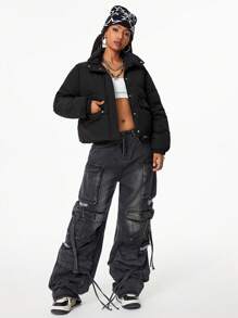 SHEIN EZwear Women's Winter Short Warm Quilted Fashion Jacket Zin Up Hooded Crop Coat - Black - View 7