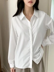 DAZY 纯色隐形纽扣前襟衬衫，女士休闲纽扣长袖领口常规版型常规白色常规袖衬衫女式衬衫，春季/秋季，职业/商务装/工作服，长袖上衣，返校服 - 白色 - 查看 4