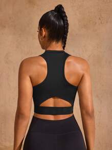 SHEIN Sports Solid Color Letter Woven Strap Criss-Cross Hollow Sports Tank Top - Black - View 4