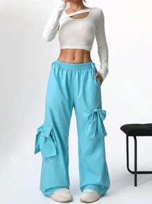 SHEIN EZwear 女士纯色蝴蝶结阔腿工装裤 - 藍色 - 查看 3