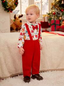 SHEIN 2 件套新生儿男童春秋时尚简约可爱派对绅士领结领衬衫印花围兜工作裤圣诞节节日服装套装 - 紅色 - 查看 5
