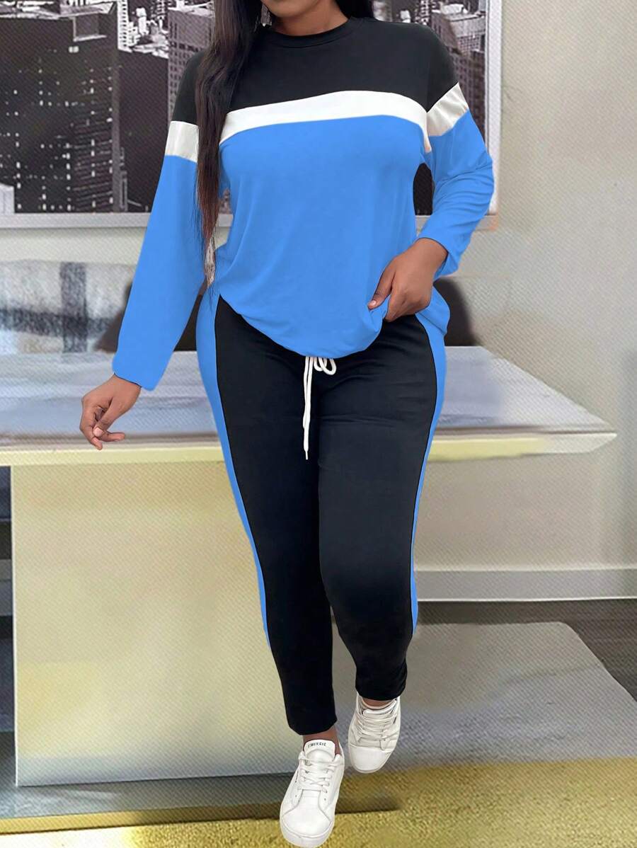 SHEIN LUNE 2pcs Plus Size Women's Contrast Color Round Neck Long Sleeve T-Shirt And Tie-Waist Pants Casual Set, Spring/Summer - Multicolor - View 1