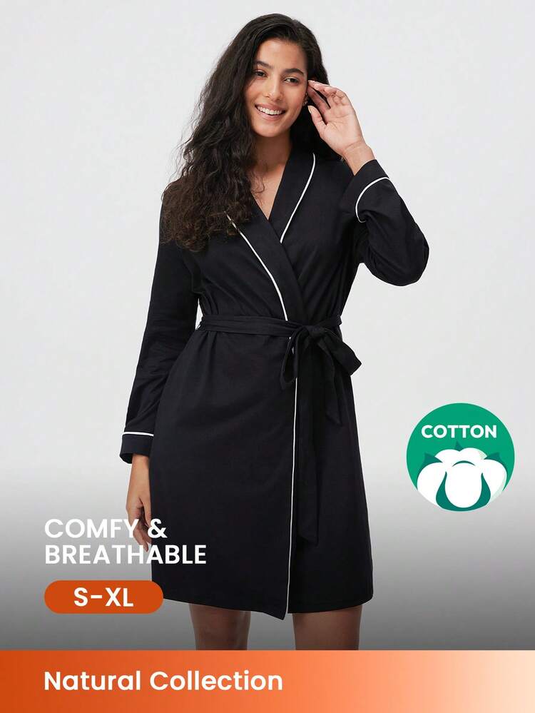Robe de chambre en coton modal 100% pur noir doux pour l'automne et l'hiver, avec manches longues et ceinture courte. Chemise de nuit et pyjama en coton pour femmes