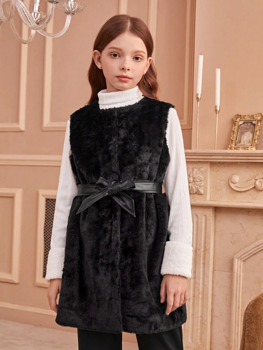 Tween Girls Sleeveless Fluffy Jacket With Belt, Warm And Elegant Autumn Winter - Black - View 1