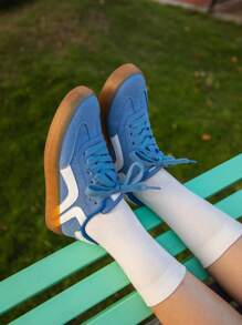 TUOPIN Blaue Y2K Lässig Sneaker mit weicher Sohle, leichter Boden, College-Stil, retroer bequemer und atmungsaktiver Sportschuh für Frauen mit geometrischem Muster