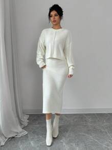 Elenzga 2 chiếc/bộ 2024 Áo len cổ tròn dài tay mới cho nữ và chân váy midi bó sát - Màu be - Xem 3