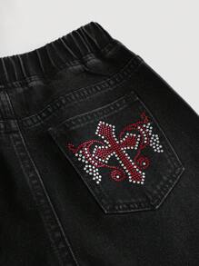 SHEIN Quần jeans ống đứng dáng rộng, họa tiết kẻ sọc, chất liệu denim đen, thích hợp cho bé trai tuổi teen, phù hợp mặc hàng ngày và mùa thu. - màu đen - Xem 4