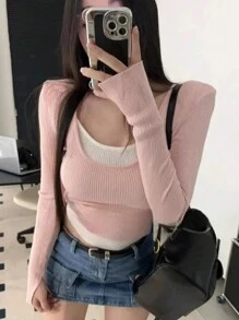 DAZY Women's Long Sleeve 2 In 1 Fitted Waist Sweater, Spring & Autumn,Fall Women Clothes - Pink - View 3