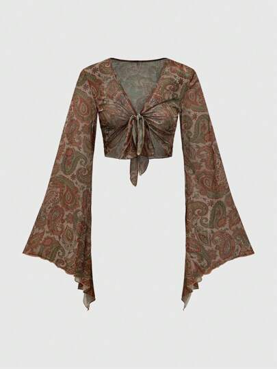 Hippie Women's Hippie Vacation Bohemian Paisley Print Flare Sleeve Blouse