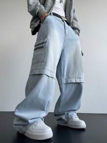 Manfinity EMRG Men's Light Blue Multi-Pocket Baggy Cargo Jeans