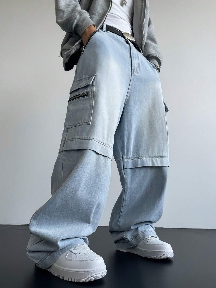 Manfinity EMRG Men's Light Blue Multi-Pocket Baggy Cargo Jeans