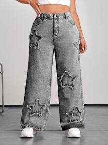 SHEIN ICON 大码女式宽松星空印花灰色阔腿牛仔裤 - 深灰色 - 查看 1