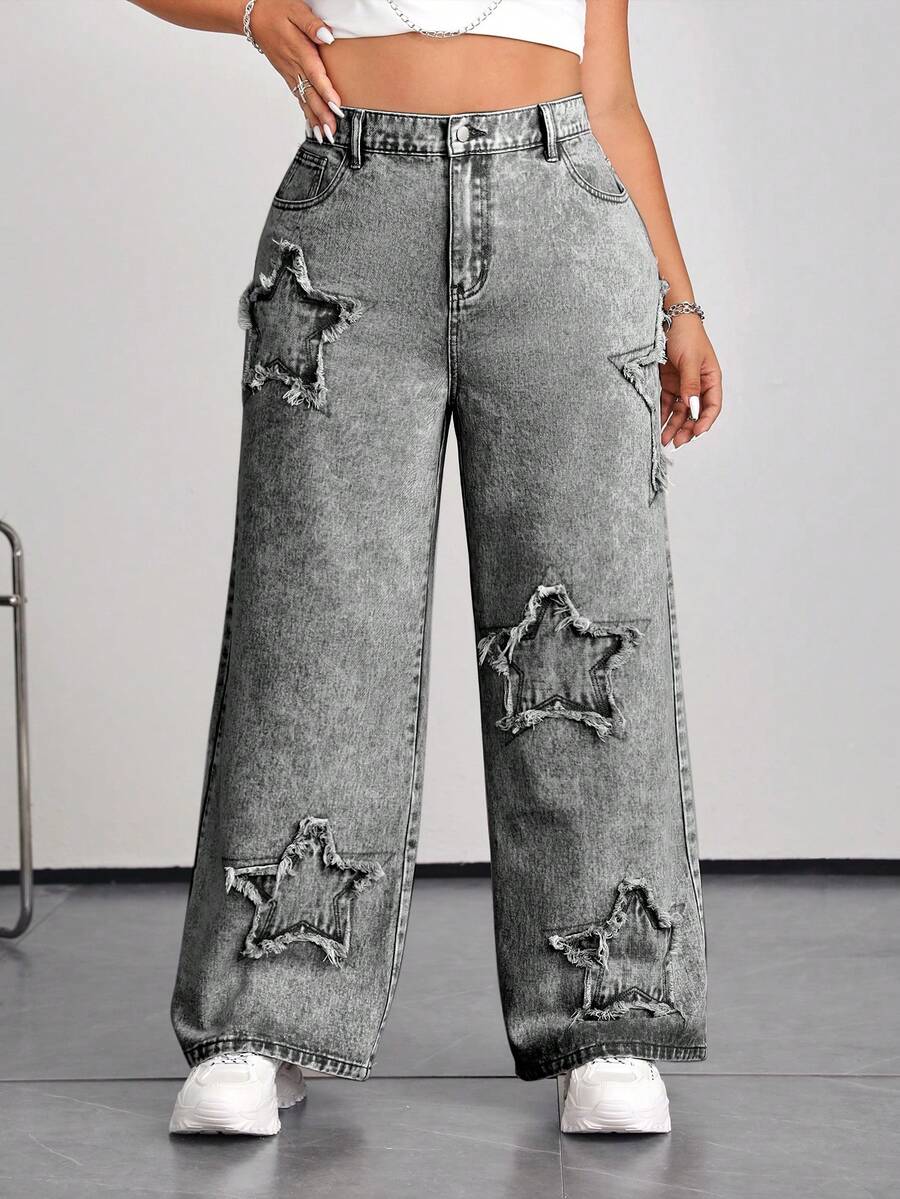 SHEIN ICON 大码女式宽松星空印花灰色阔腿牛仔裤 - 深灰色 - 查看 1