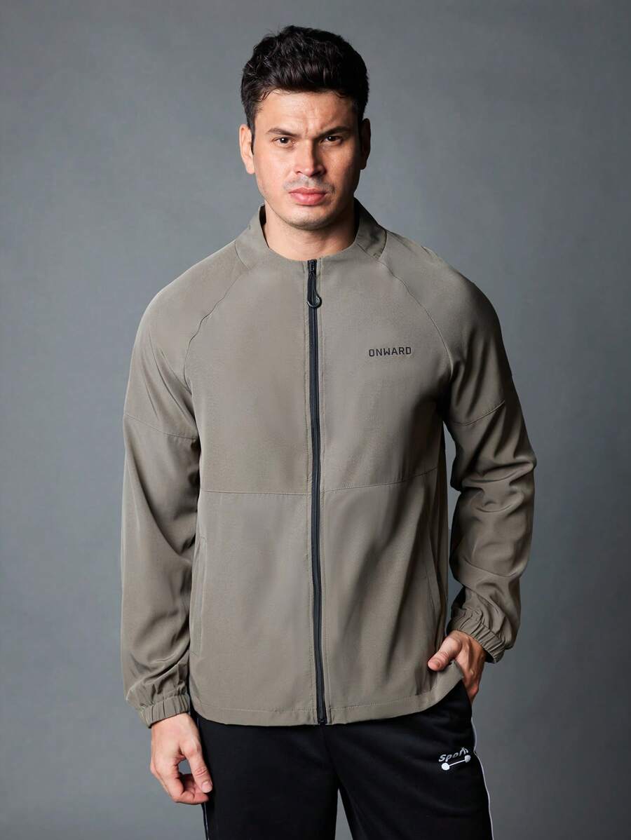 Manfinity Fitness Boyfriend Style Men's Casual Letter Print Raglan Sleeve Long Sleeve Sports Jacket, Spring & Autumn Outdoor Top Sports Jacket - Army Green - View 1