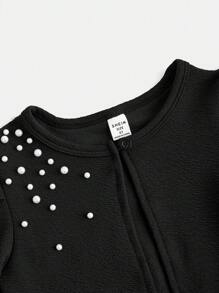 Sparklyn Tween 女童纹理针织面料甜美泡泡袖圆领珍珠缀饰优雅短款长袖夹克