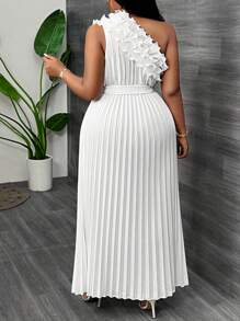 Slaydiva 大码优雅宴会不对称肩部荷叶边腰部褶皱杏色夏季连衣裙 - 杏色 - 查看 2