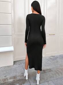 EURMUSE Rochie din tricot cu coaste pe coapsă, solidă, fără curea - Negru - Vizualizare 2