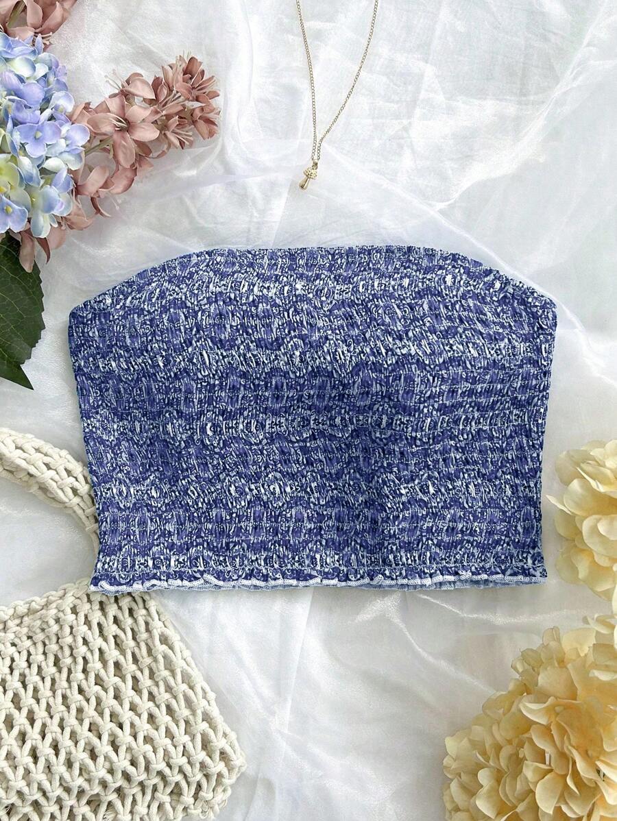 SHEIN Unity Áo Bandeau in họa tiết cho nữ - Màu xanh bụi bặm - Xem 1