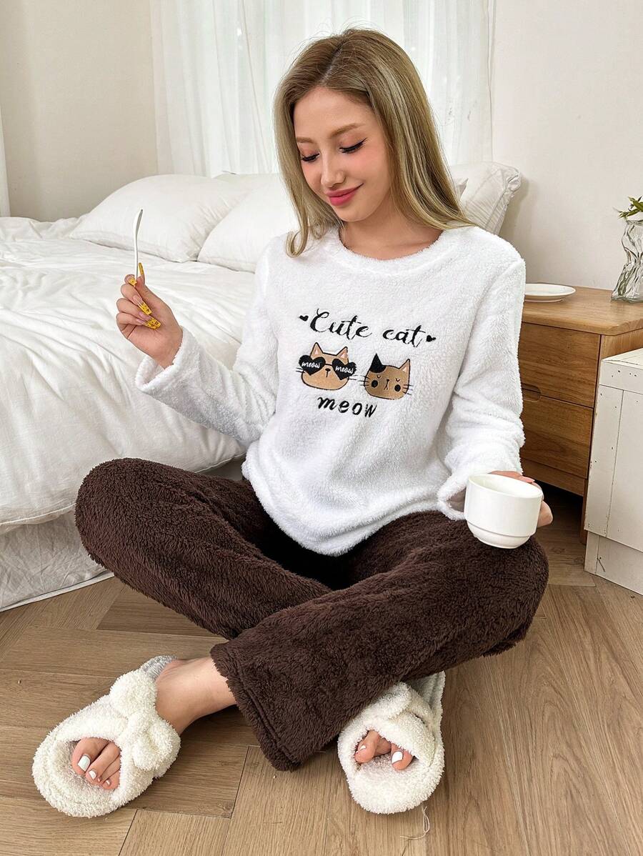 Dream Adore 猫咪图案长袖上衣和纯色蓬松睡裤，女士睡衣套装，秋冬服装