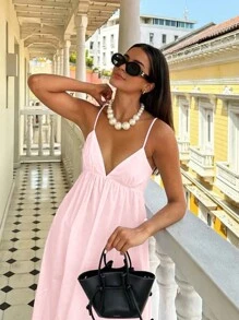 INAWLY Váy hở lưng màu trơn đơn giản hàng ngày dành cho nữ - Màu Hồng baby - Xem 3