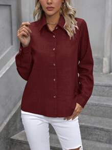 EMERY ROSE Women's Solid Color Button Front Long Sleeve Casual Shirt, Blouse,Long Sleeve Tops - Burgundy - View 5