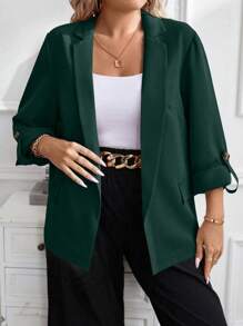 Celure Chaqueta de blazer elegante de oficina de unicolor con mangas con puño para mujeres de talla grande, primavera otoño - Verde Oscuro - Ver 8