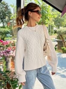 RueChic Cable Knit Open Back Pullover Sweater - Beige - View 3