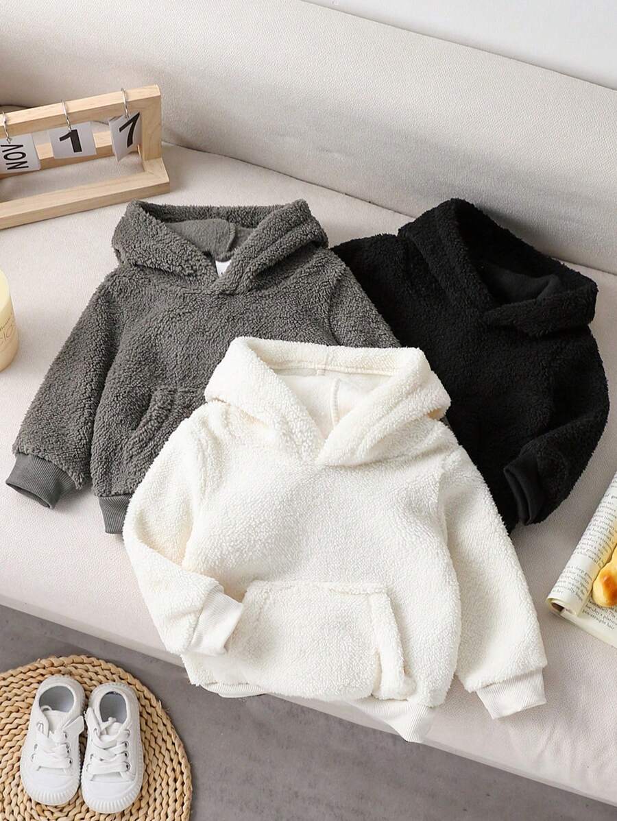Bộ 3 áo nỉ có mũ trùm đầu bằng lông cừu nhồi bông cho bé trai màu đen, trắng, xám, thích hợp cho mùa thu đông lạnh giá, chất liệu dày và ấm để mặc ngoài trời hoặc ở nhà, cũng tuyệt vời để chụp ảnh, giản dị và thời trang - Nhiều màu - Xem 1