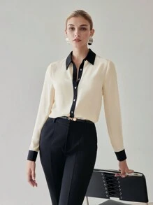 MOTF PREMIUM CONTRAST TRIM LONG SLEEVE SHIRT - Black and White - View 1