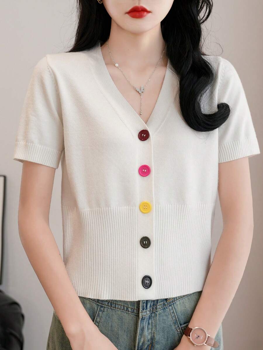 SHEIN Unity 纯色 V 领多色纽扣短袖宽松短款针织开衫 - 白色 - 查看 1