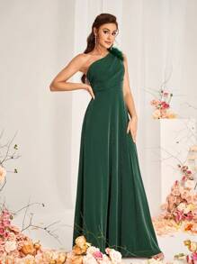 SHEIN Belle Vestido elegante de dama de honor de línea A con cuello asimétrico, decoración de plumas en el hombro, plisado y bajo con bajo asimétrico, hecho de tela coreana de hilo de plata elástica color verde oscuro, para eventos formales como bodas - Verde Oscuro - Ver 4