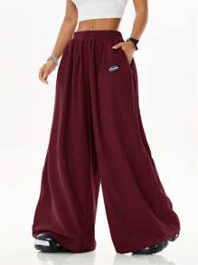 Coolane Women Loose Fit Casual Wide-Leg High Street Textured Baggy Straight Leg Pants - Burgundy - View 5