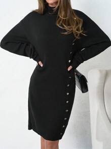 SHEIN Tall Mock Neck Button Detail Bodycon Sweater Dress - Black - View 1