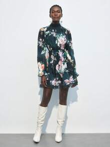 Maija Vestido floral elegante de manga larga y corta para mujer