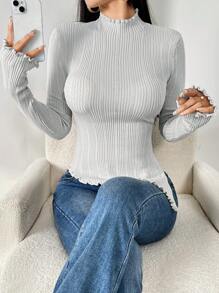 Modelyn 女士纯色立领不对称下摆毛衣，春秋季针织套头衫，秋冬季 - 淺灰色 - 查看 6