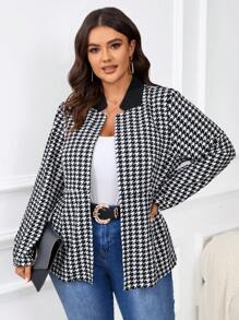 SHEIN Frenchy Plus Size Houndstooth Print Gathered Waist Jacket, Fall/Winter