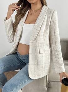 SHEIN Maternity Plaid Print Long Sleeve Cardigan - White - View 6