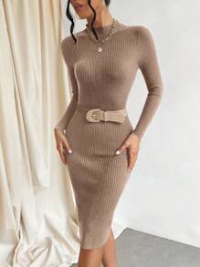 RueChic Mock Neck Split Thigh Sweater Dress - Camel - View 5