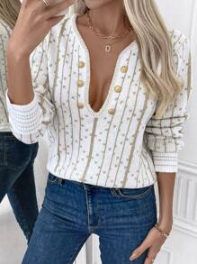 SHEIN LUNE Suéter de mujer con botones decorados con hilo dorado, suéter de punto para otoño e invierno - Multicolor - Ver 1